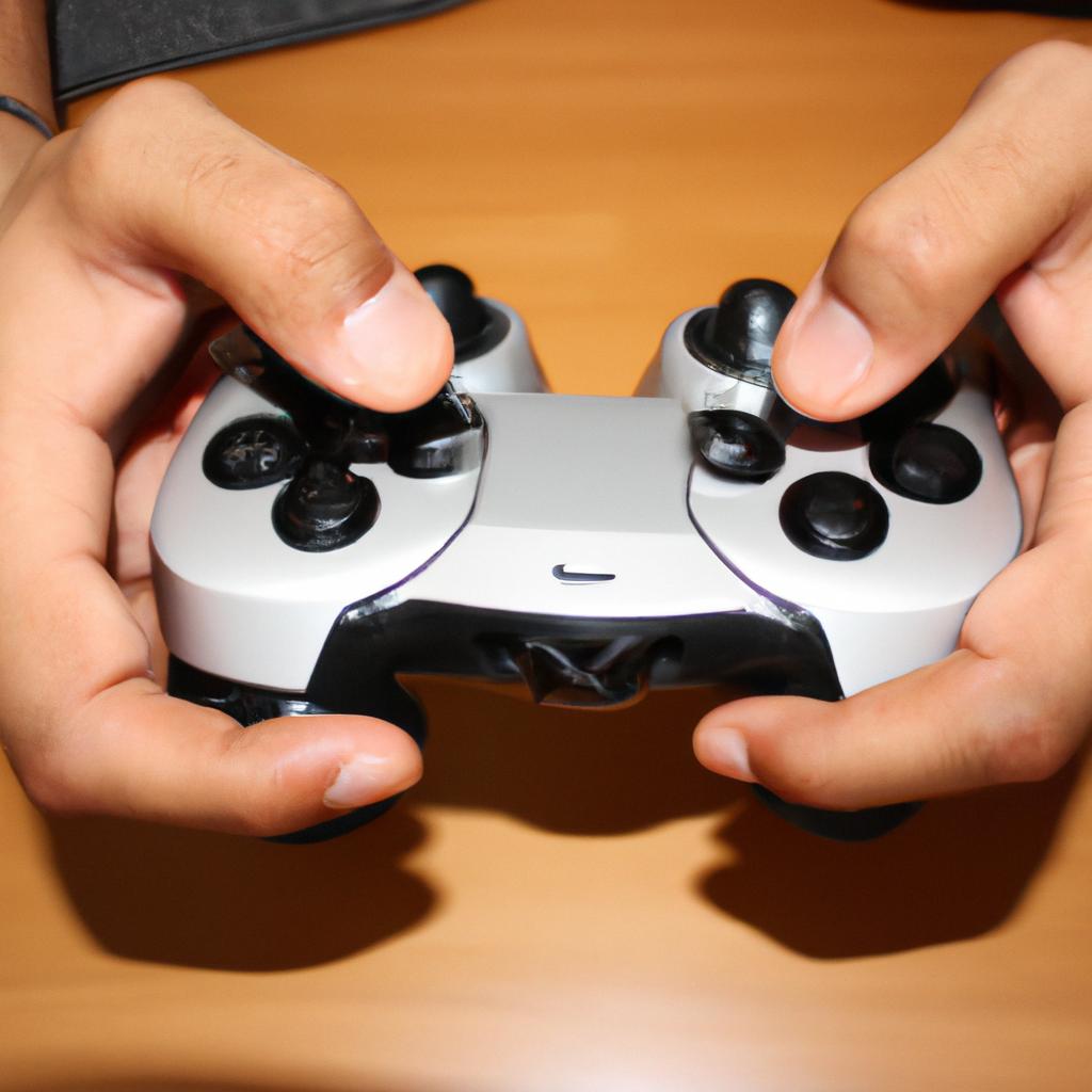 Person holding game controller, competing